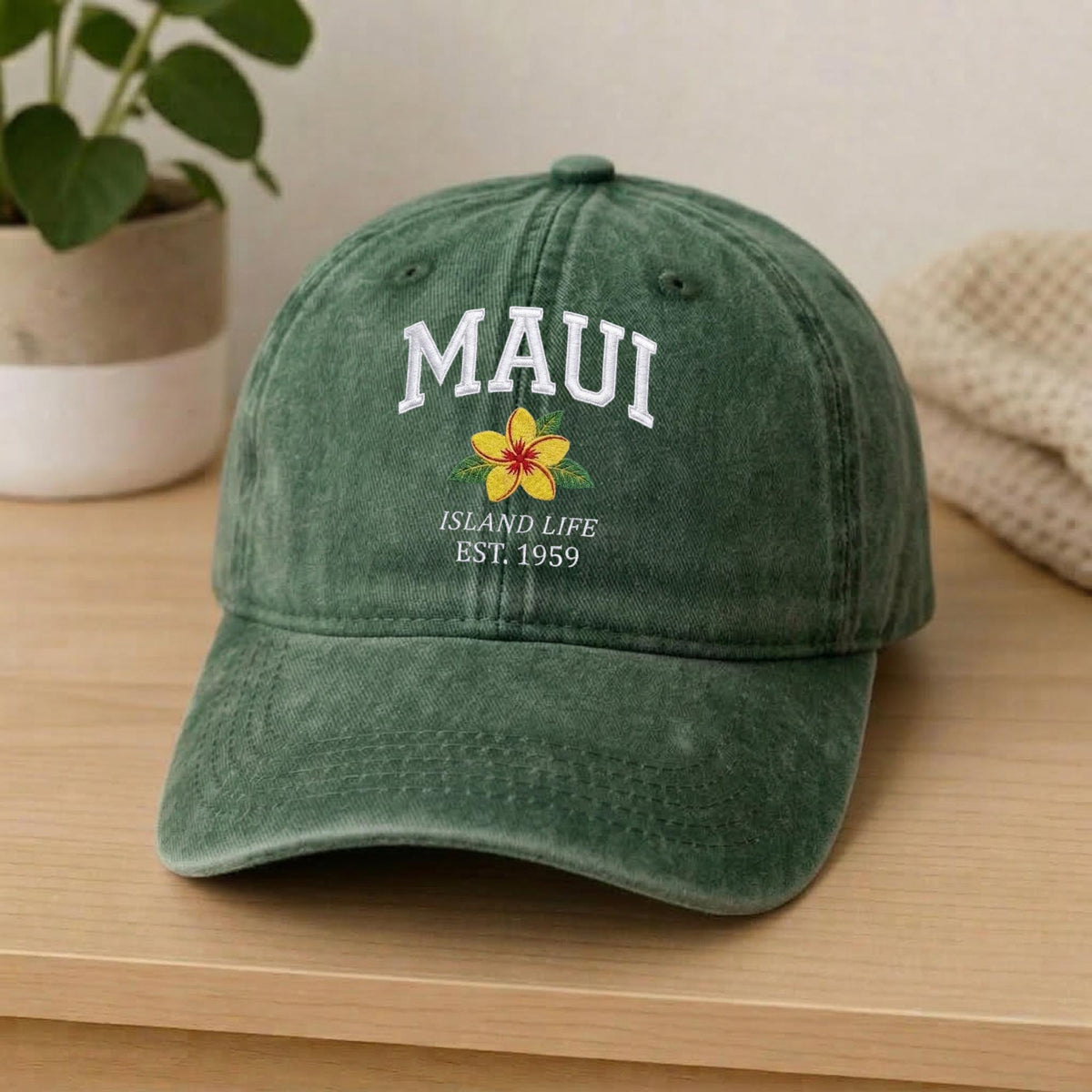 Maui Hawaii Embroidered Hat, Tropical Floral Cotton Baseball Cap, Island Vacation Gift