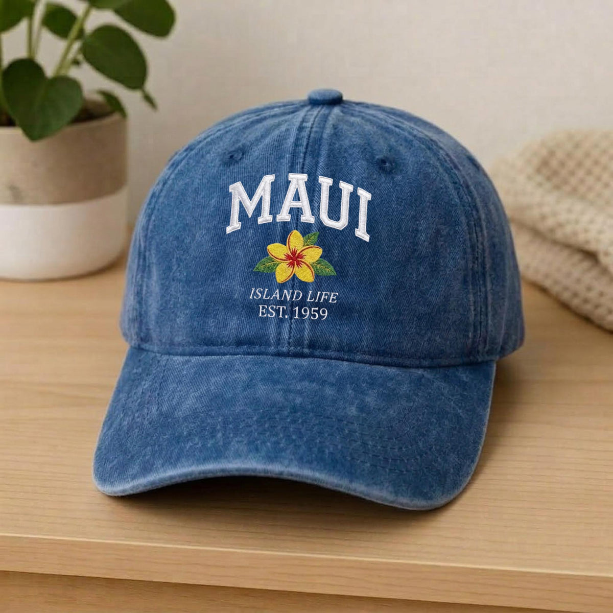 Maui Hawaii Embroidered Hat, Tropical Floral Cotton Baseball Cap, Island Vacation Gift