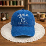 Michigan Lakes Embroidered Hat, Vintage Cotton Baseball Cap, Great Lakes Vacation Gift