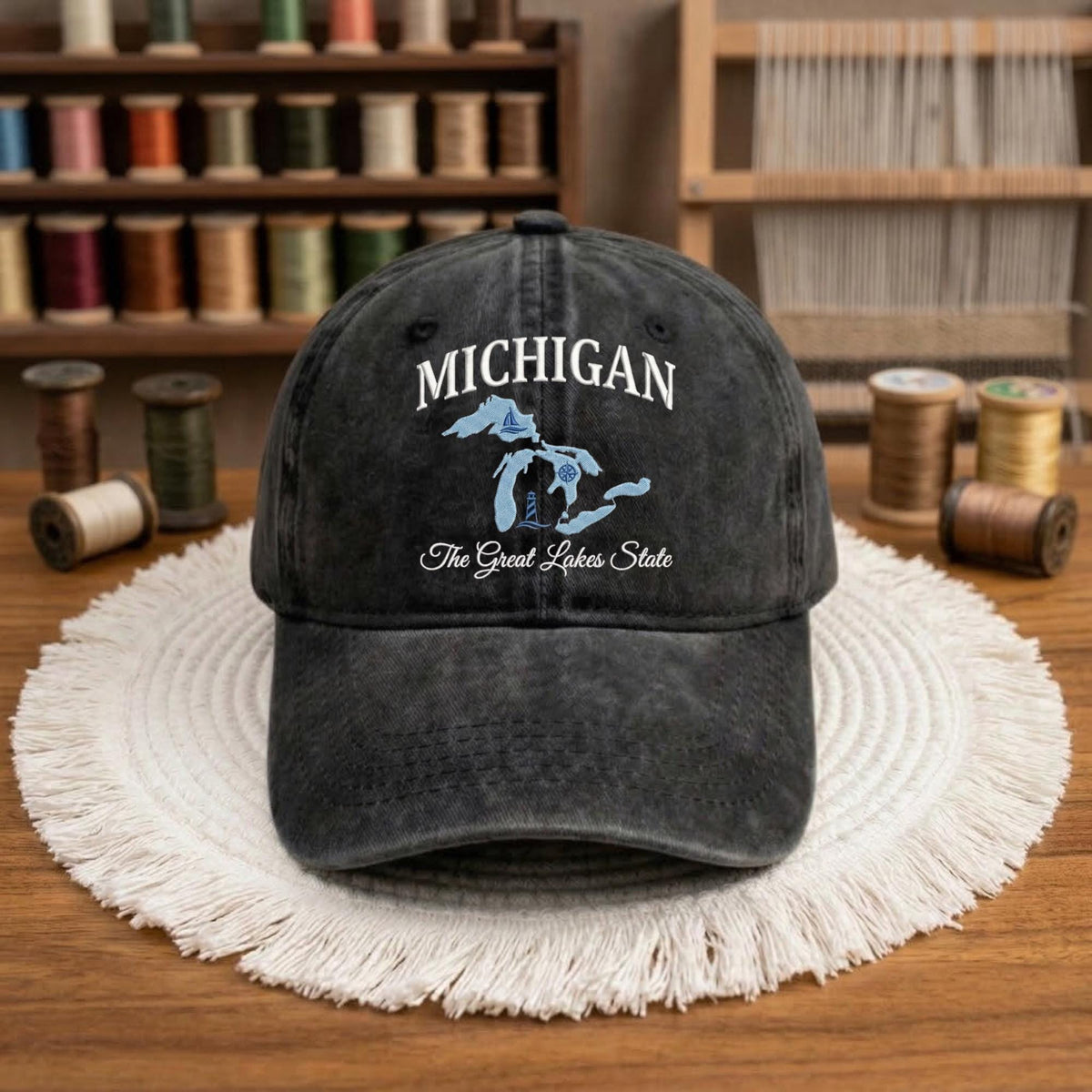 Michigan Lakes Embroidered Hat, Vintage Cotton Baseball Cap, Great Lakes Vacation Gift