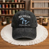 Michigan Lakes Embroidered Hat, Vintage Cotton Baseball Cap, Great Lakes Vacation Gift