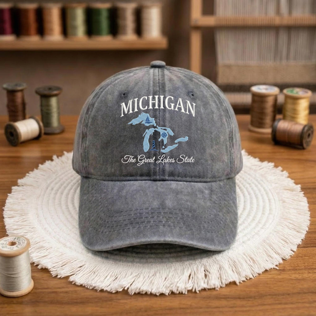 Michigan Lakes Embroidered Hat, Vintage Cotton Baseball Cap, Great Lakes Vacation Gift