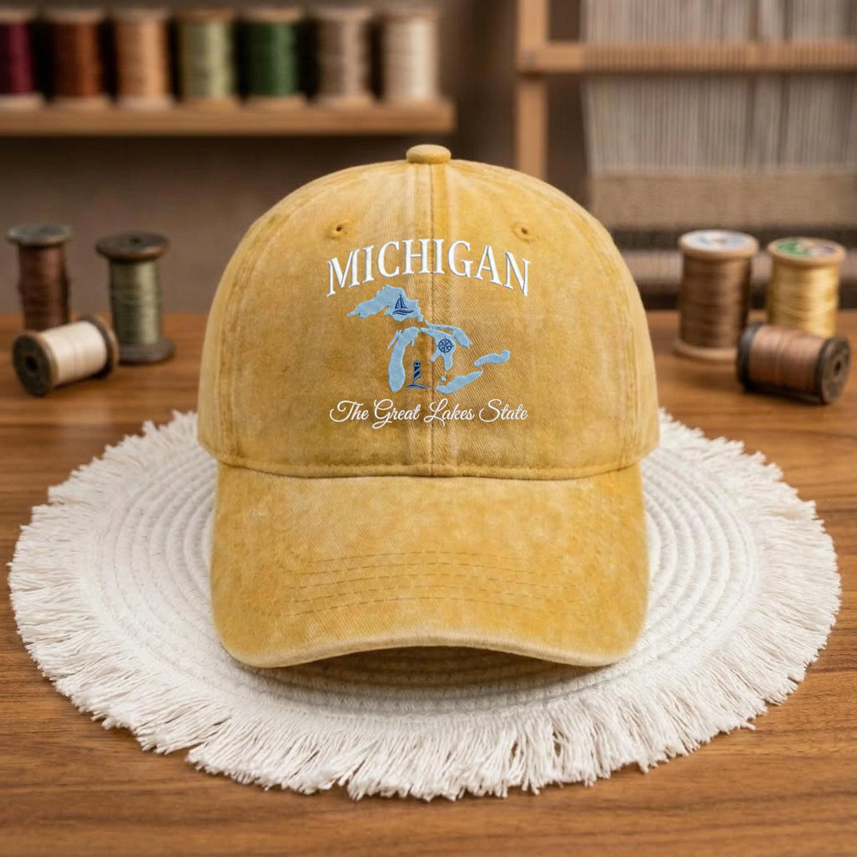 Michigan Lakes Embroidered Hat, Vintage Cotton Baseball Cap, Great Lakes Vacation Gift