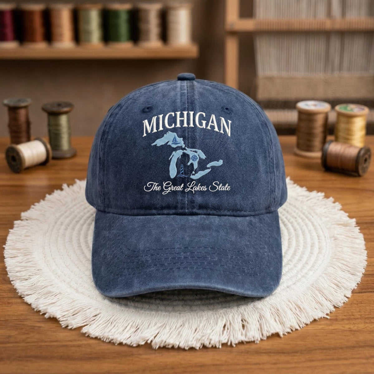 Michigan Lakes Embroidered Hat, Vintage Cotton Baseball Cap, Great Lakes Vacation Gift
