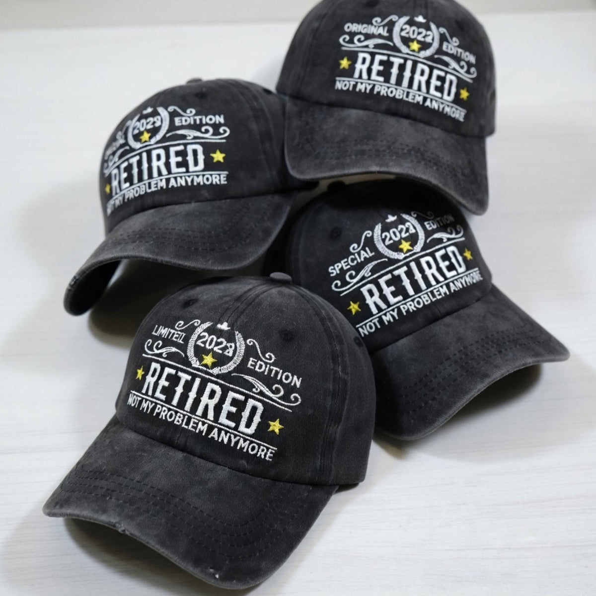 Custom Retired Year Hat, Personalized Retirement Gift for Men Women, Not My Problem Anymore, Washed Vintage Embroidered Dad Cap