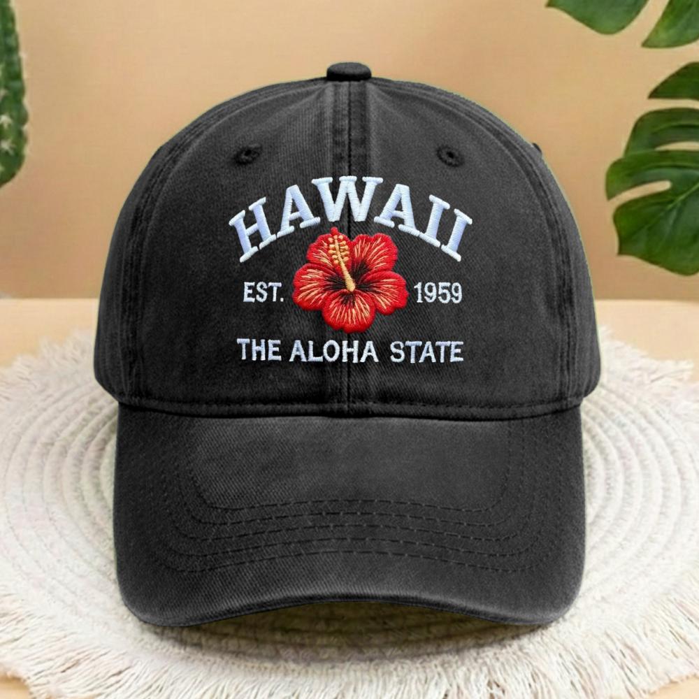 Hawaii Hibiscus Flower Embroidered Hat, Vintage Washed Dad Hat, Tropical Travel Gift