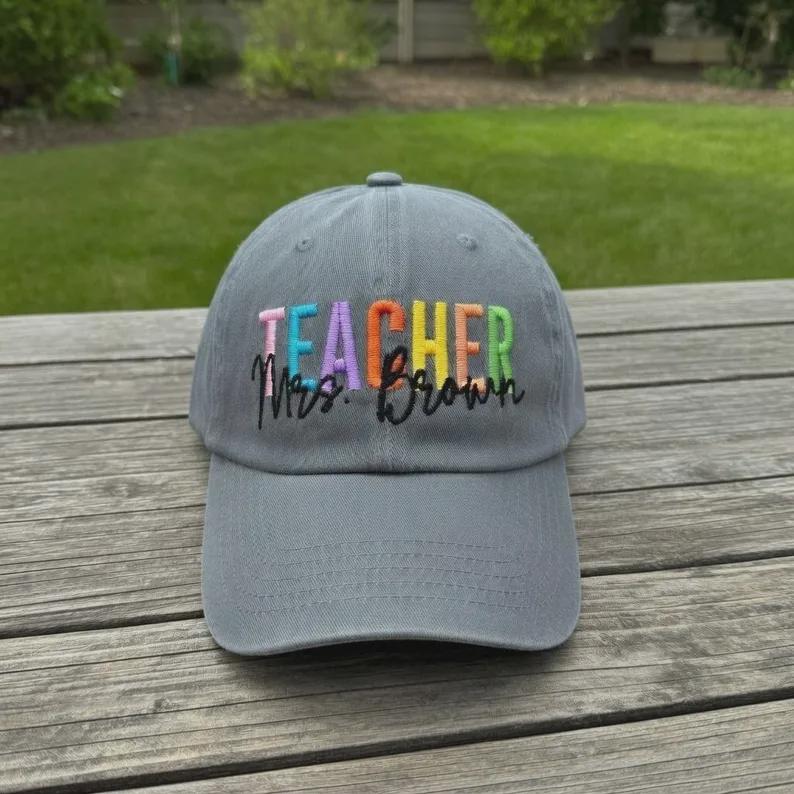 Personalized Rainbow Teacher Embroidered Hat, Custom Name Baseball Cap, Teacher Appreciation Gift