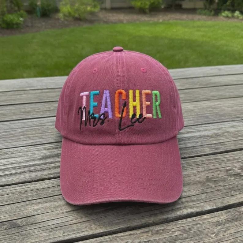 Personalized Rainbow Teacher Embroidered Hat, Custom Name Baseball Cap, Teacher Appreciation Gift