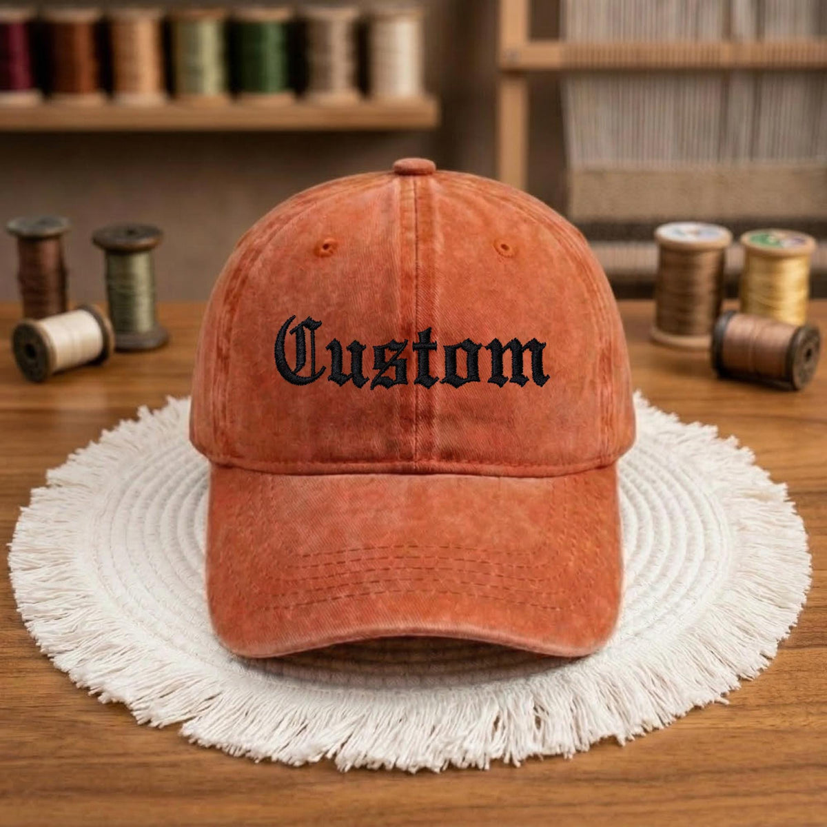 Custom Embroidered Washed Cotton Baseball Cap, Gothic Text Dad Hat