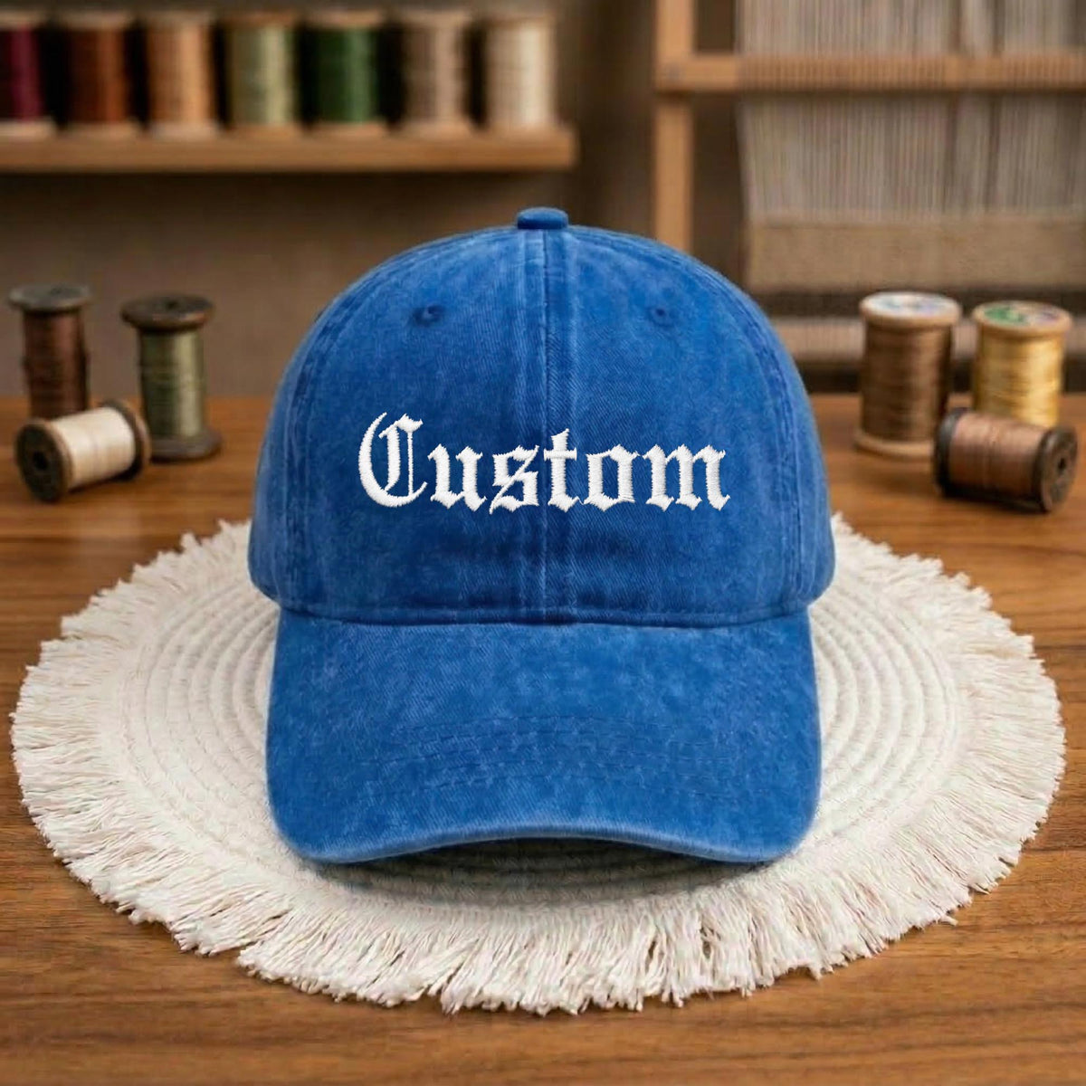 Custom Embroidered Washed Cotton Baseball Cap, Gothic Text Dad Hat