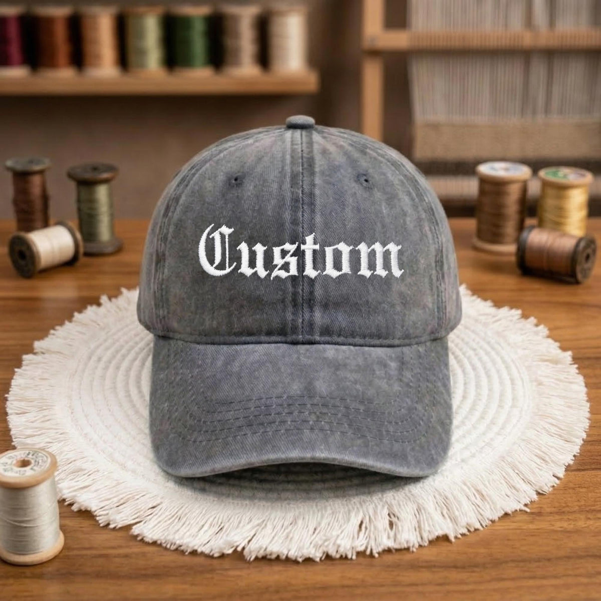 Custom Embroidered Washed Cotton Baseball Cap, Gothic Text Dad Hat