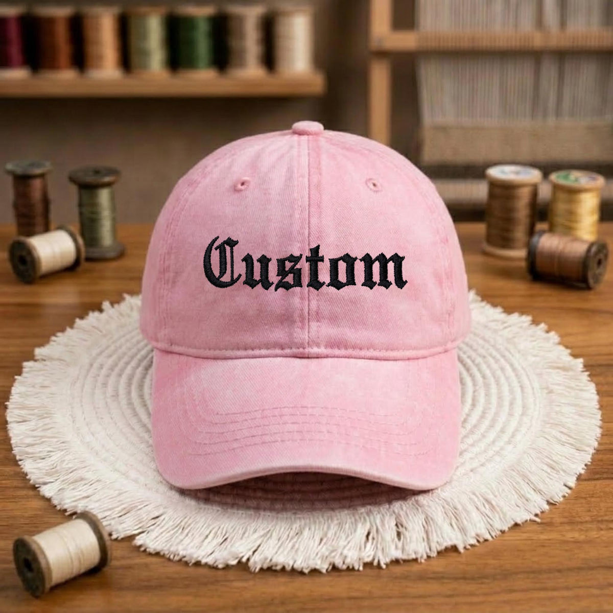 Custom Embroidered Washed Cotton Baseball Cap, Gothic Text Dad Hat