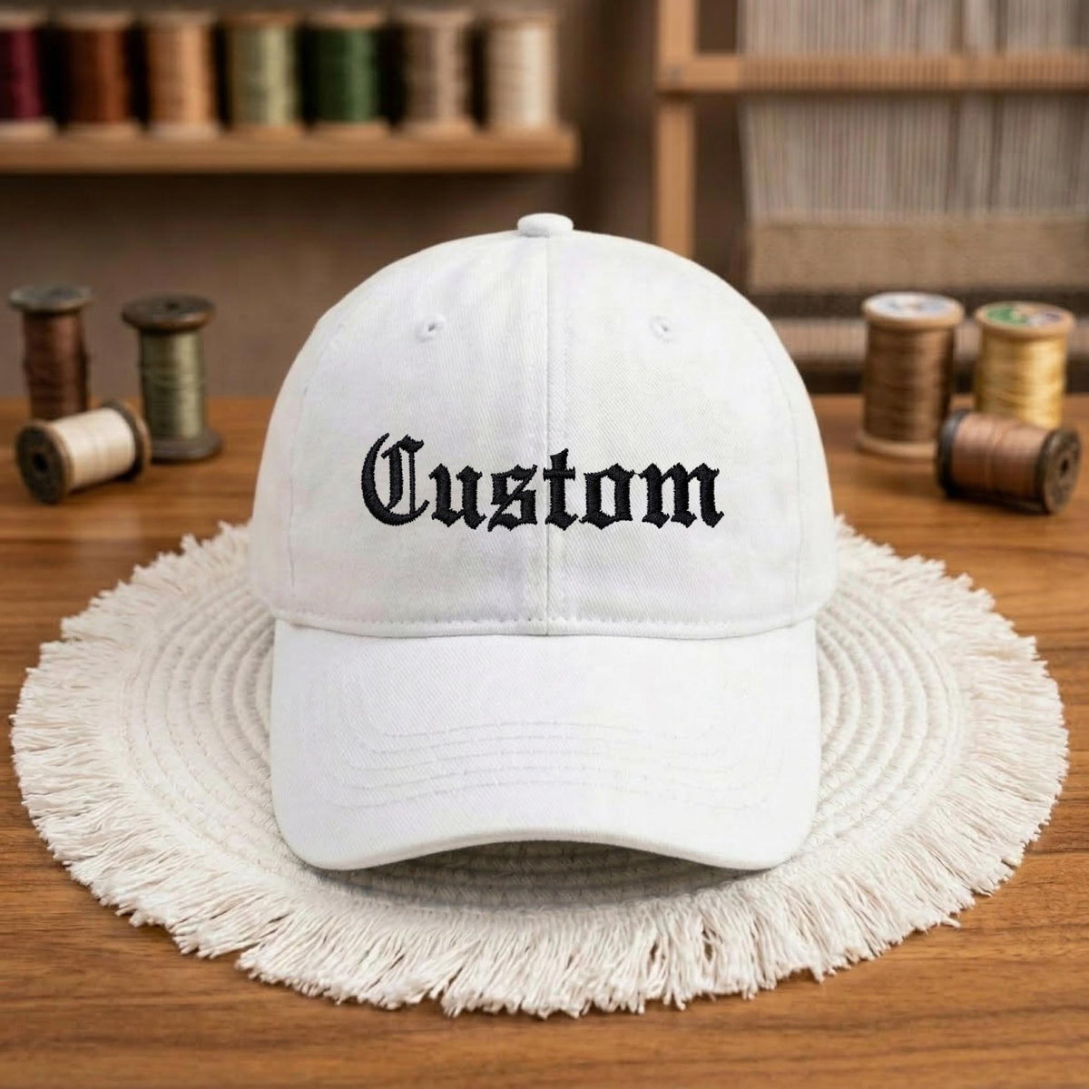 Custom Embroidered Washed Cotton Baseball Cap, Gothic Text Dad Hat