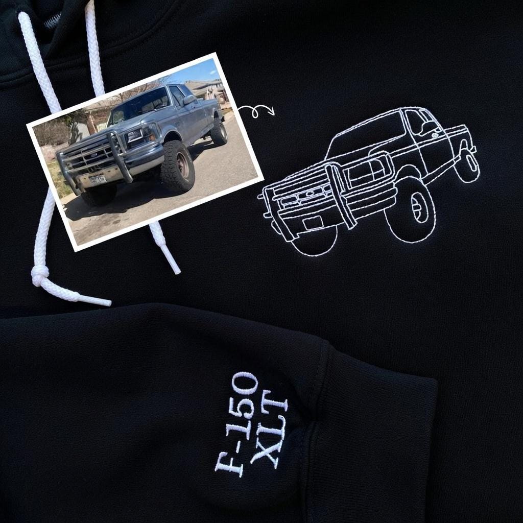 Custom Truck Line Art Embroidered T-shirt, Personalized Car Photo Vehicle Portrait Tee