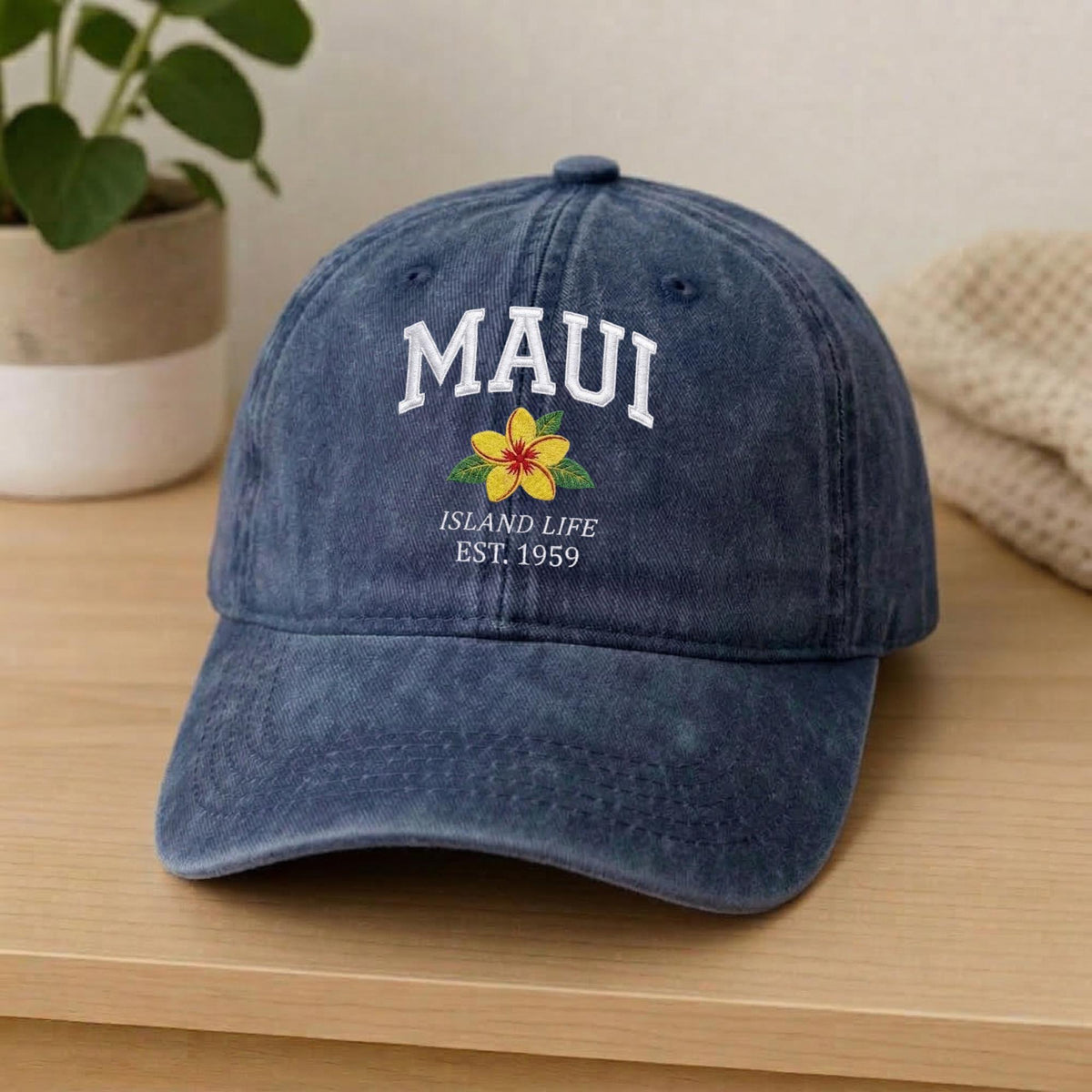 Maui Hawaii Embroidered Hat, Tropical Floral Cotton Baseball Cap, Island Vacation Gift