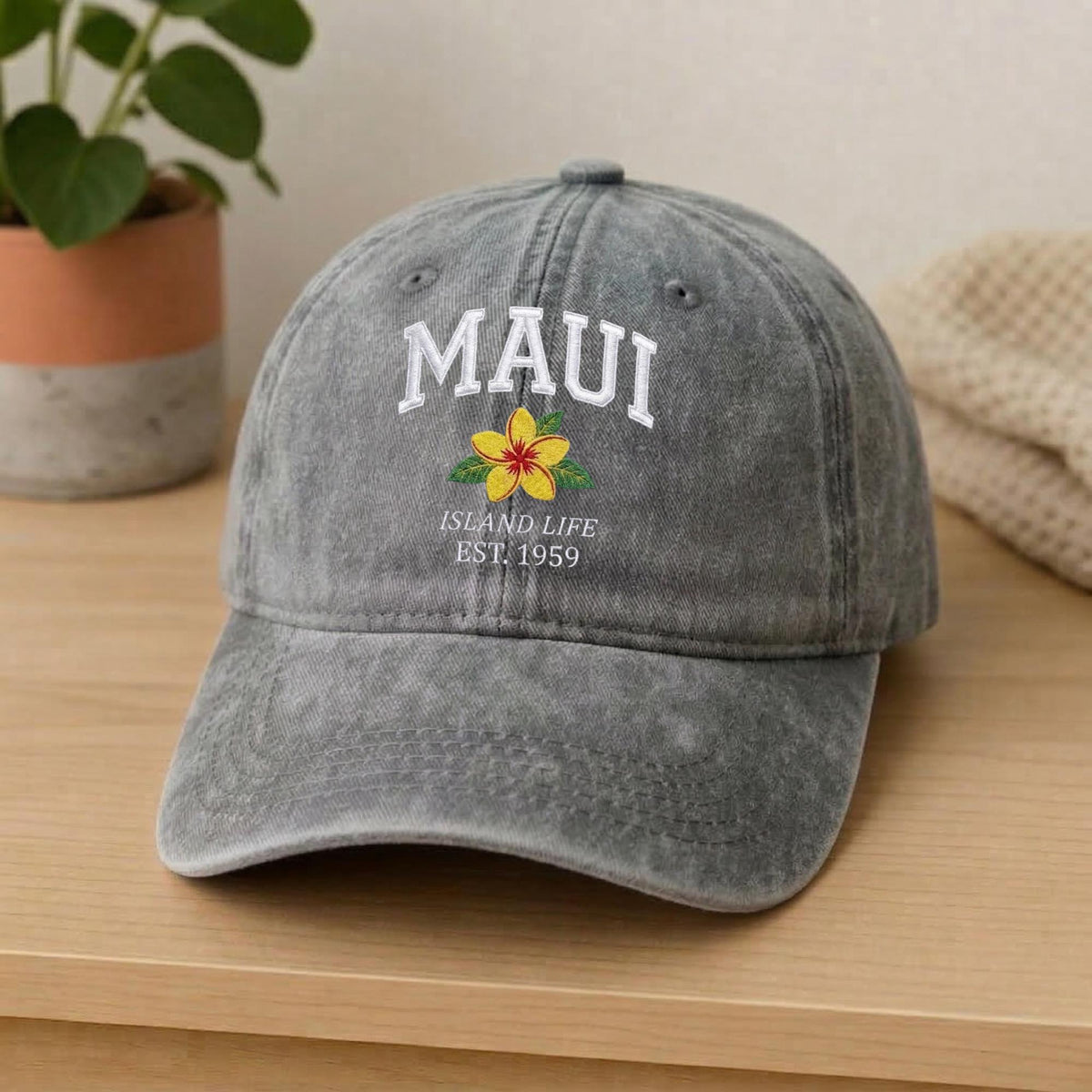 Maui Hawaii Embroidered Hat, Tropical Floral Cotton Baseball Cap, Island Vacation Gift