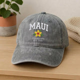 Maui Hawaii Embroidered Hat, Tropical Floral Cotton Baseball Cap, Island Vacation Gift