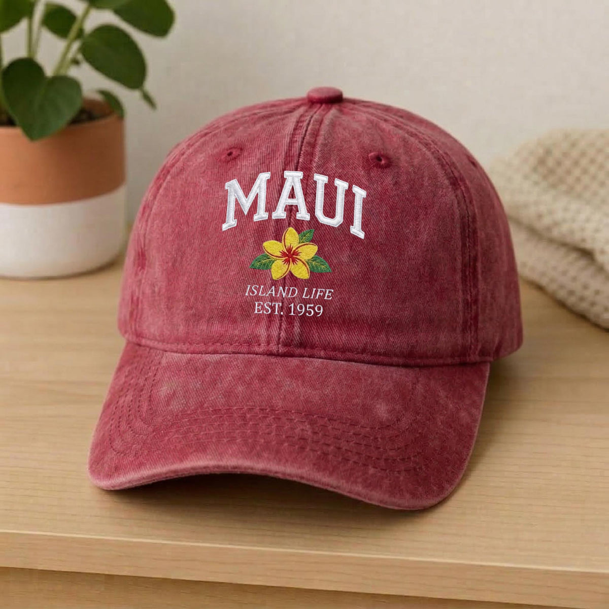 Maui Hawaii Embroidered Hat, Tropical Floral Cotton Baseball Cap, Island Vacation Gift