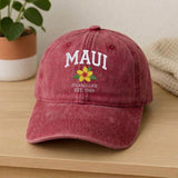 Maui Hawaii Embroidered Hat, Tropical Floral Cotton Baseball Cap, Island Vacation Gift