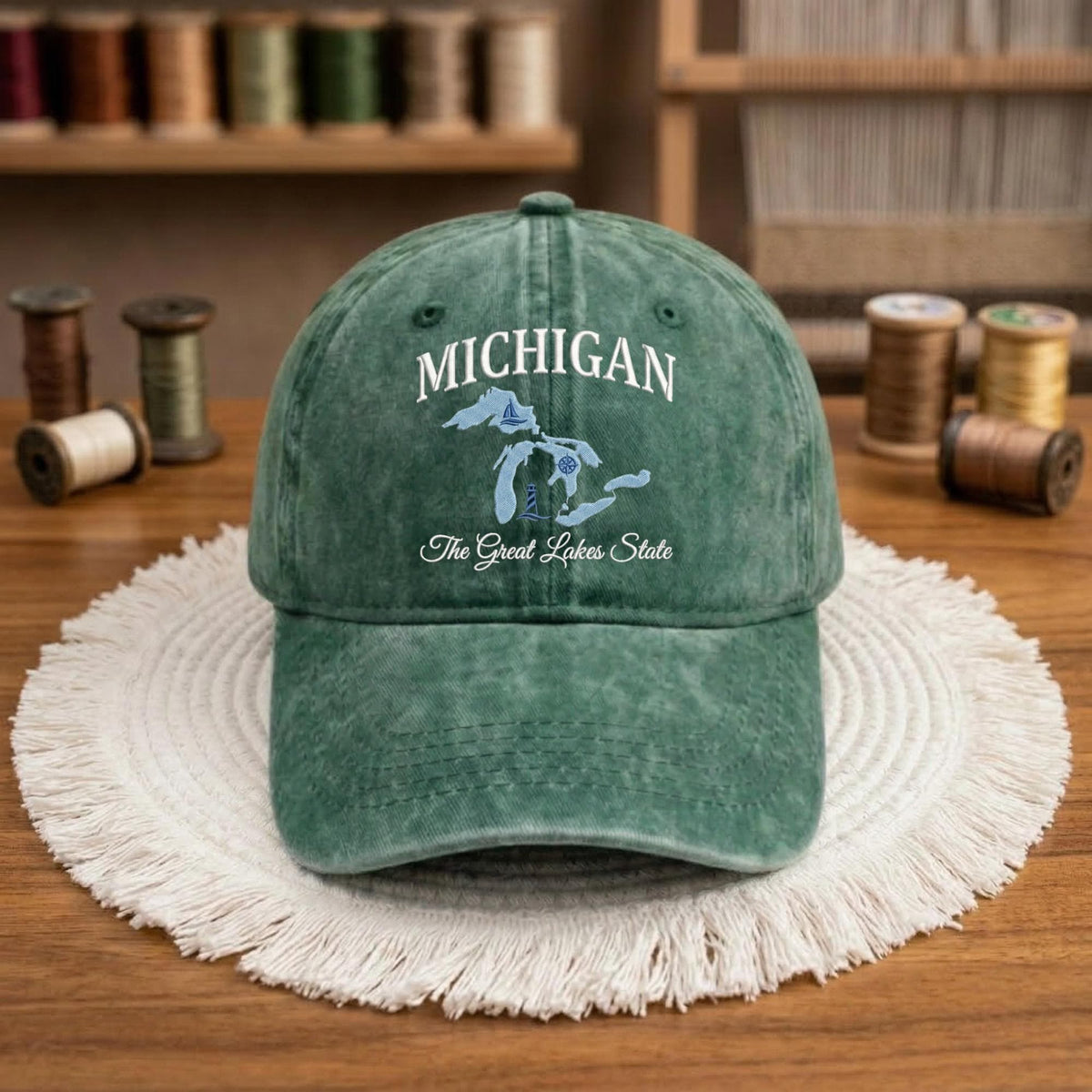 Michigan Lakes Embroidered Hat, Vintage Cotton Baseball Cap, Great Lakes Vacation Gift
