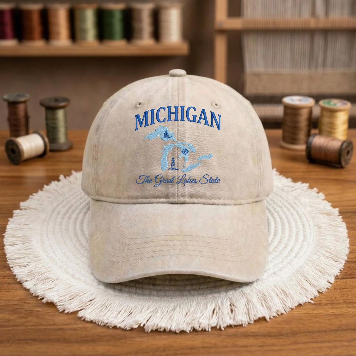 Michigan Lakes Embroidered Hat, Vintage Cotton Baseball Cap, Great Lakes Vacation Gift