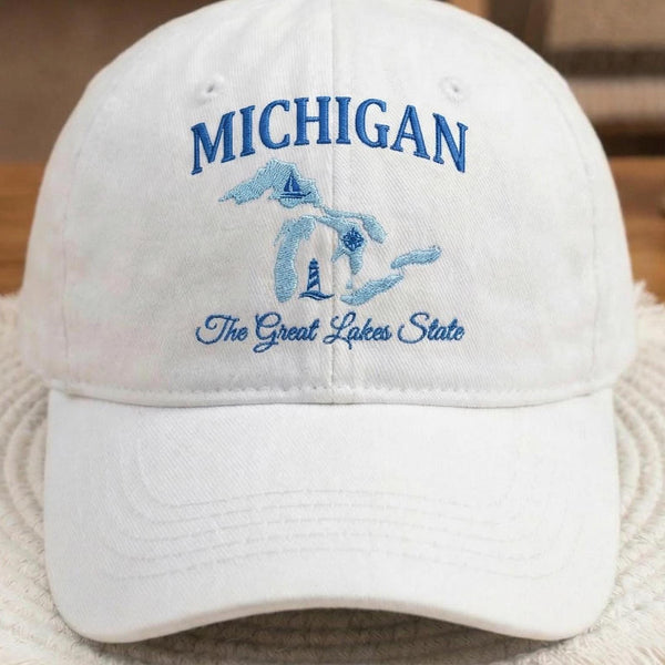 Michigan Lakes Embroidered Hat, Vintage Cotton Baseball Cap, Great Lakes Vacation Gift