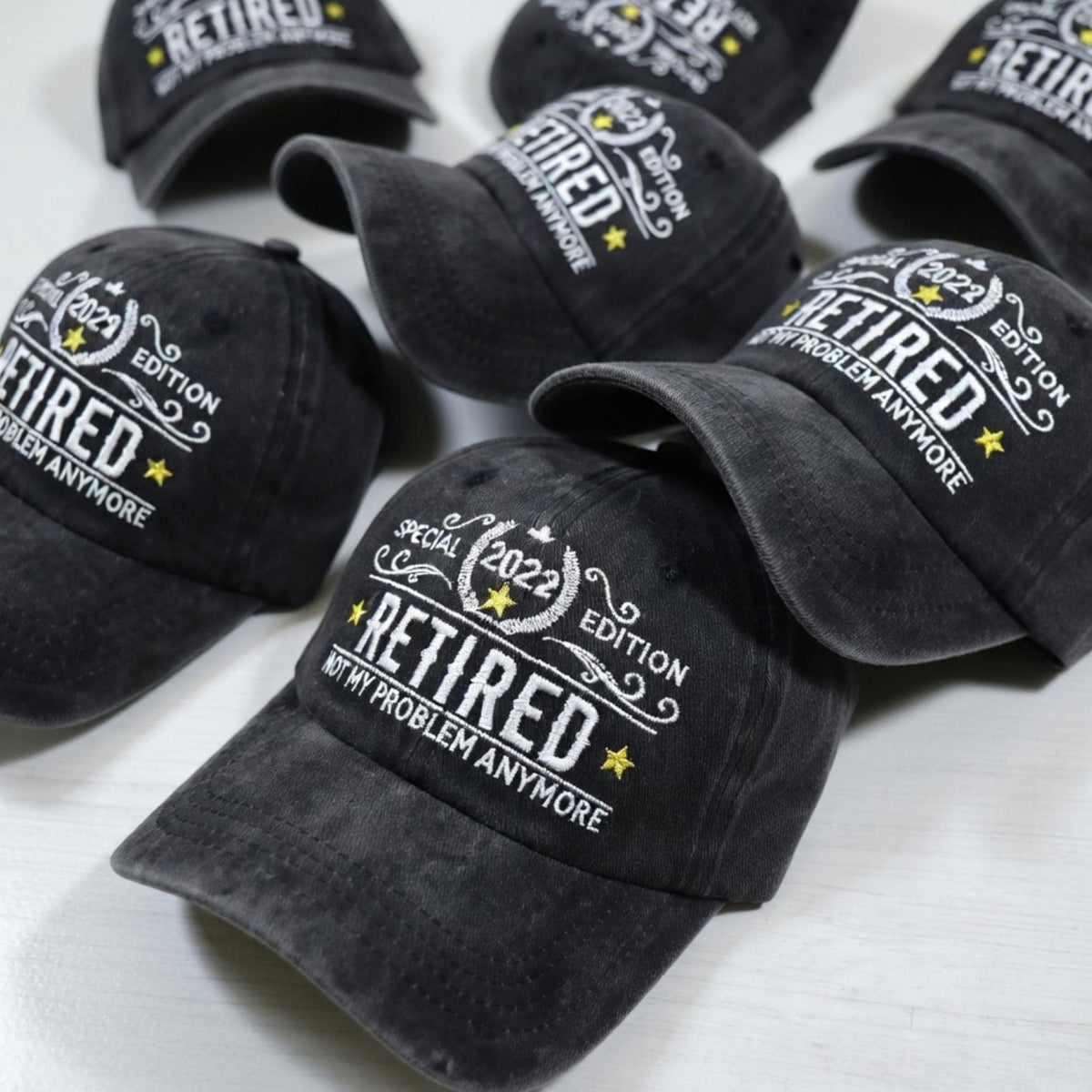 Custom Retired Year Hat, Personalized Retirement Gift for Men Women, Not My Problem Anymore, Washed Vintage Embroidered Dad Cap