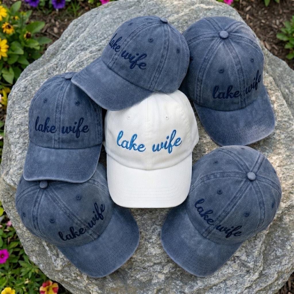 Custom Lake Wife, Personalized Embroidered Lake Life Cap, Washed Blue Dad Hat