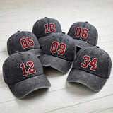 Custom Number Embroidered Washed Cap | Varsity Sports Player Hat | Vintage Baseball Cap