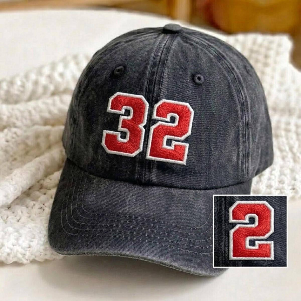 Custom Number Embroidered Washed Cap | Varsity Sports Player Hat | Vintage Baseball Cap