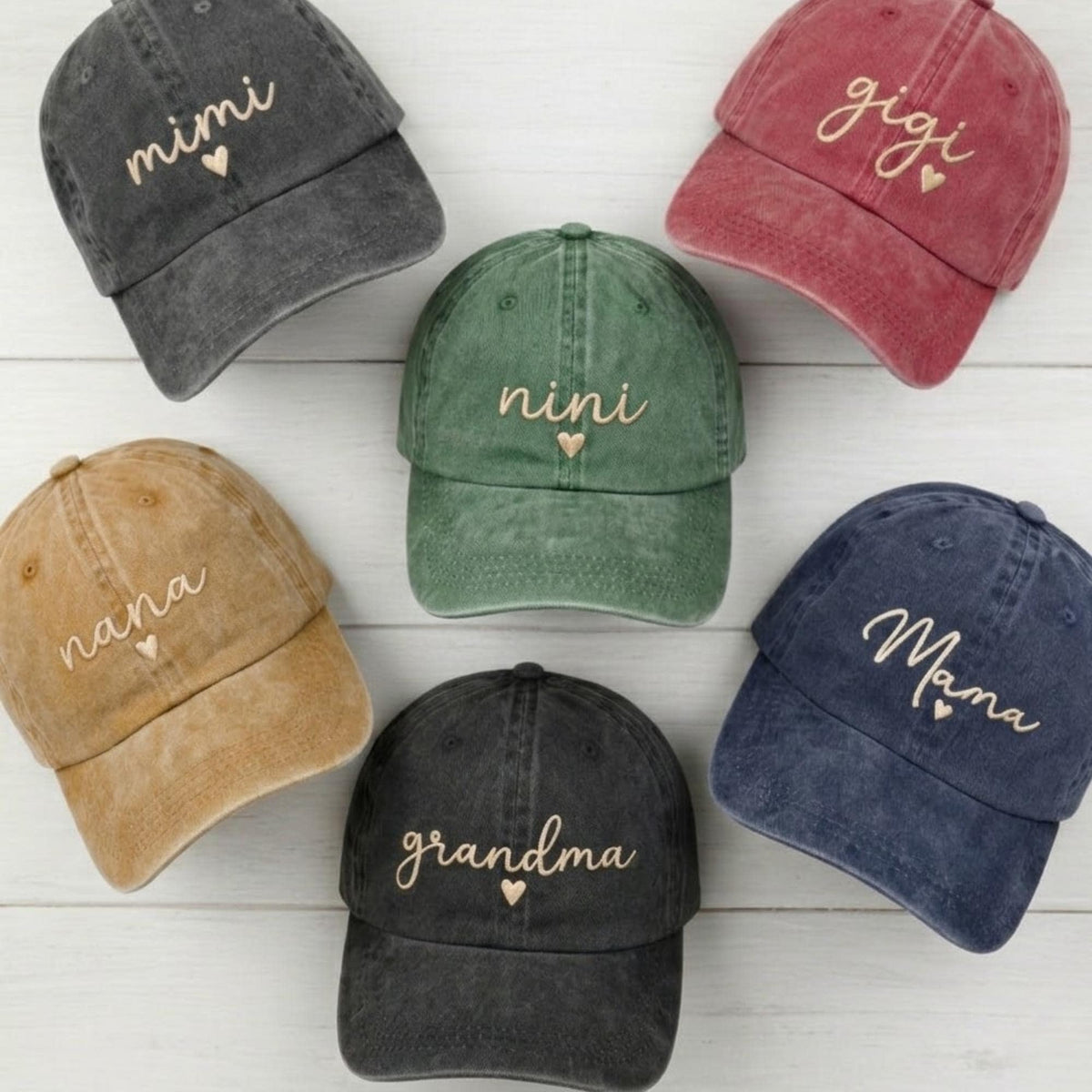 Personalized Grandma Hat with Heart, Custom Mama Mimi Gigi Nana Nini Embroidered Baseball Cap, Mother's Day Gift, Washed Cotton Hat