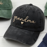 Personalized Grandma Hat with Heart, Custom Mama Mimi Gigi Nana Nini Embroidered Baseball Cap, Mother's Day Gift, Washed Cotton Hat