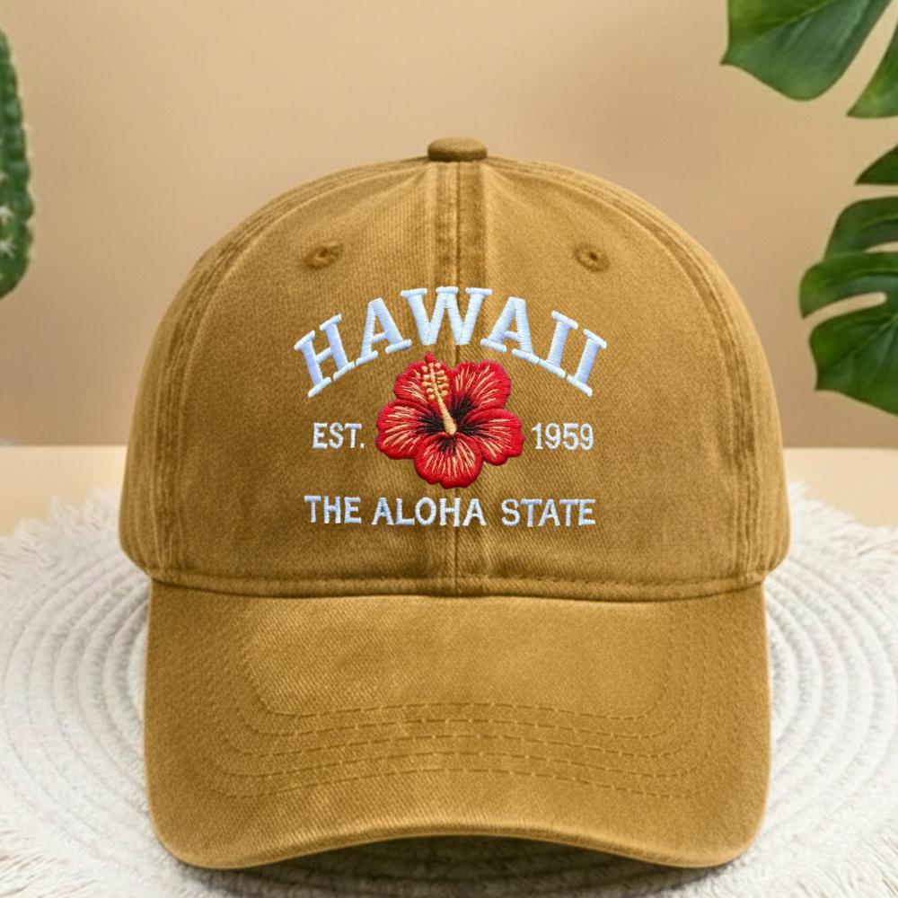 Hawaii Hibiscus Flower Embroidered Hat, Vintage Washed Dad Hat, Tropical Travel Gift