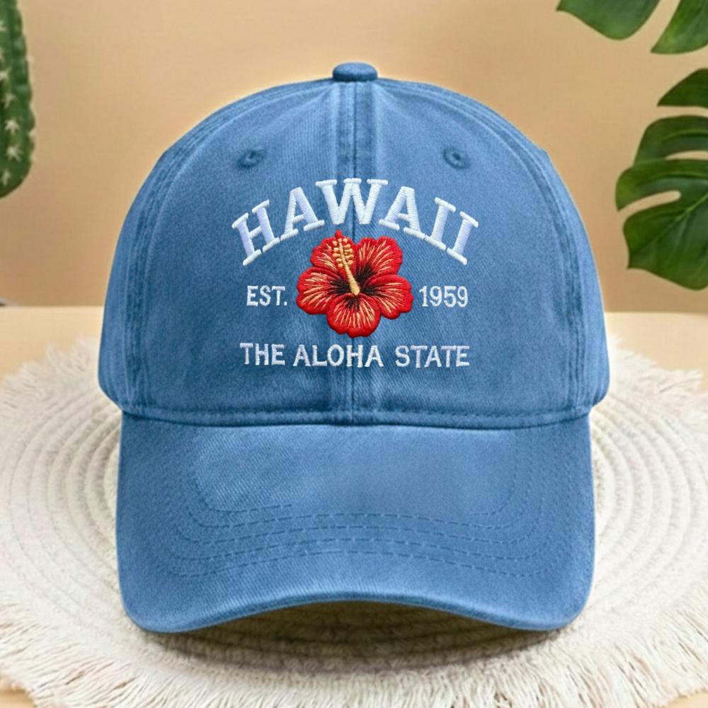 Hawaii Hibiscus Flower Embroidered Hat, Vintage Washed Dad Hat, Tropical Travel Gift