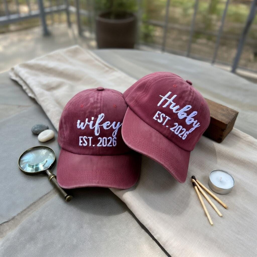 Wifey and Hubby Washed Cotton Caps, Custom Wedding Couple Hats (EST 2026)
