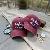 Wifey and Hubby Washed Cotton Caps, Custom Wedding Couple Hats (EST 2026)