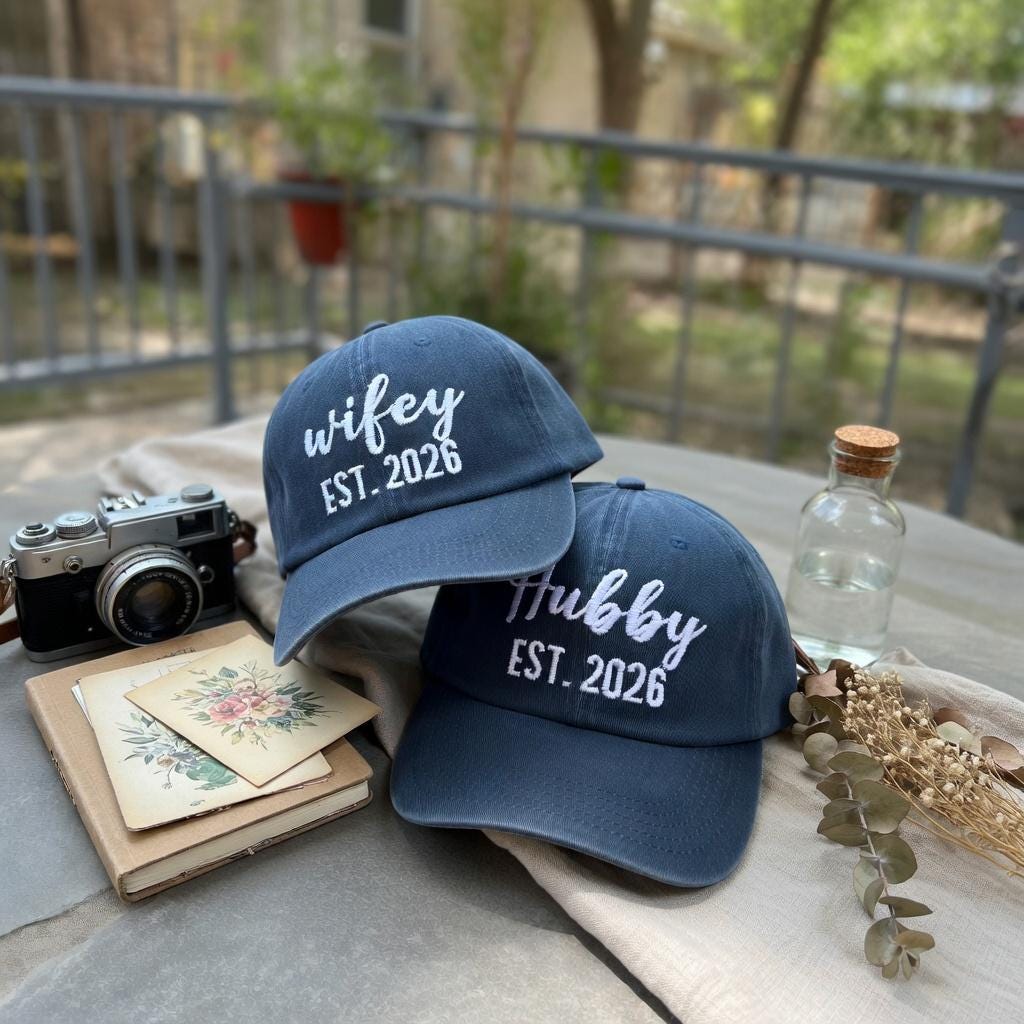 Wifey and Hubby Washed Cotton Caps, Custom Wedding Couple Hats (EST 2026)