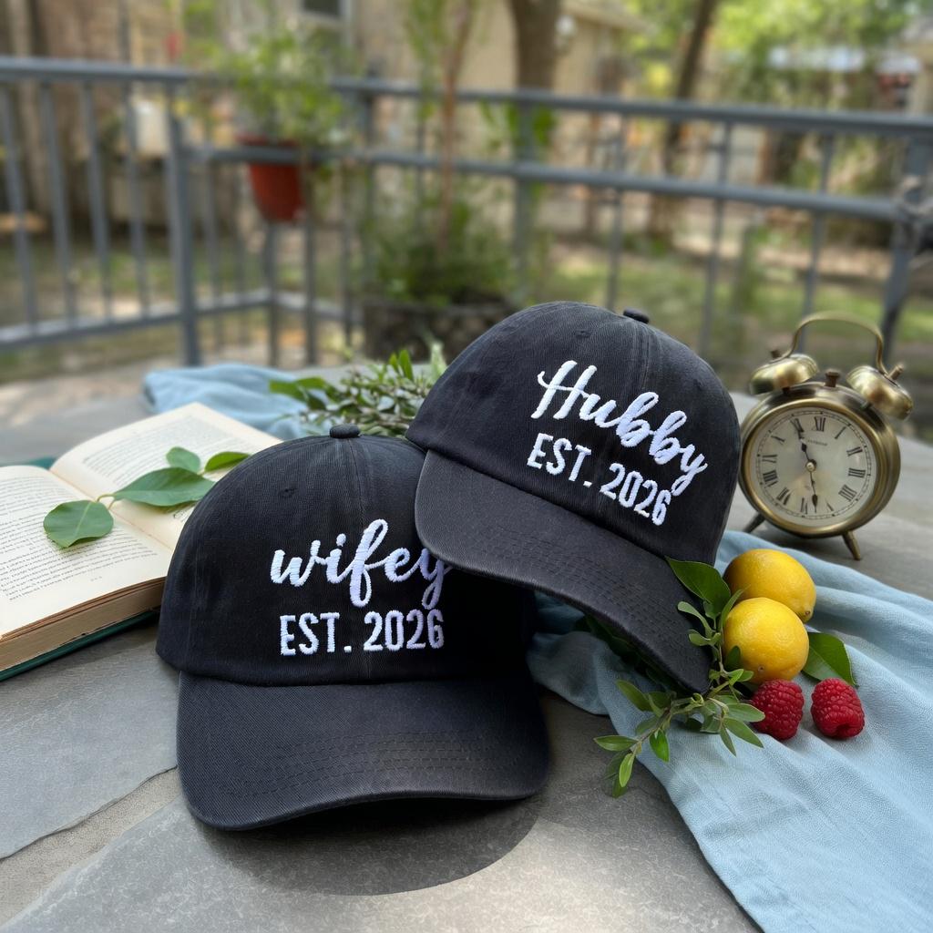 Wifey and Hubby Washed Cotton Caps, Custom Wedding Couple Hats (EST 2026)