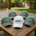 Custom Happy Camper Bachelorette Hats, Retro Camp Bride Baseball Cap, Outdoorsy Bridal Party Gifts, Personalized Wedding Weekend Trucker