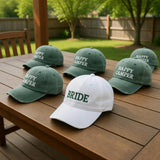Custom Happy Camper Bachelorette Hats, Retro Camp Bride Baseball Cap, Outdoorsy Bridal Party Gifts, Personalized Wedding Weekend Trucker
