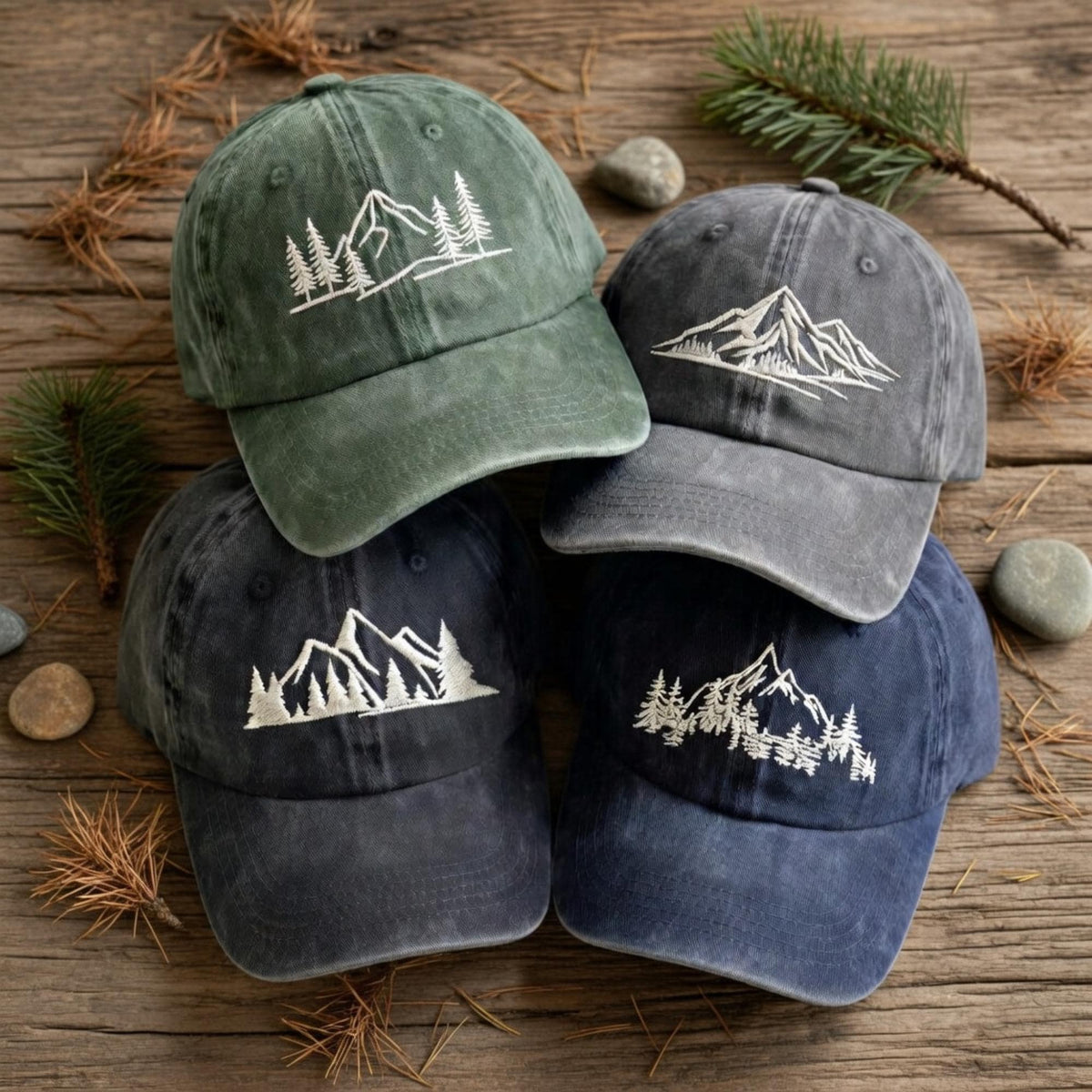 Custom Mountain Hill Embroidered Washed Cap – 100% Cotton Vintage Unisex Nature Hat, Camping Cap