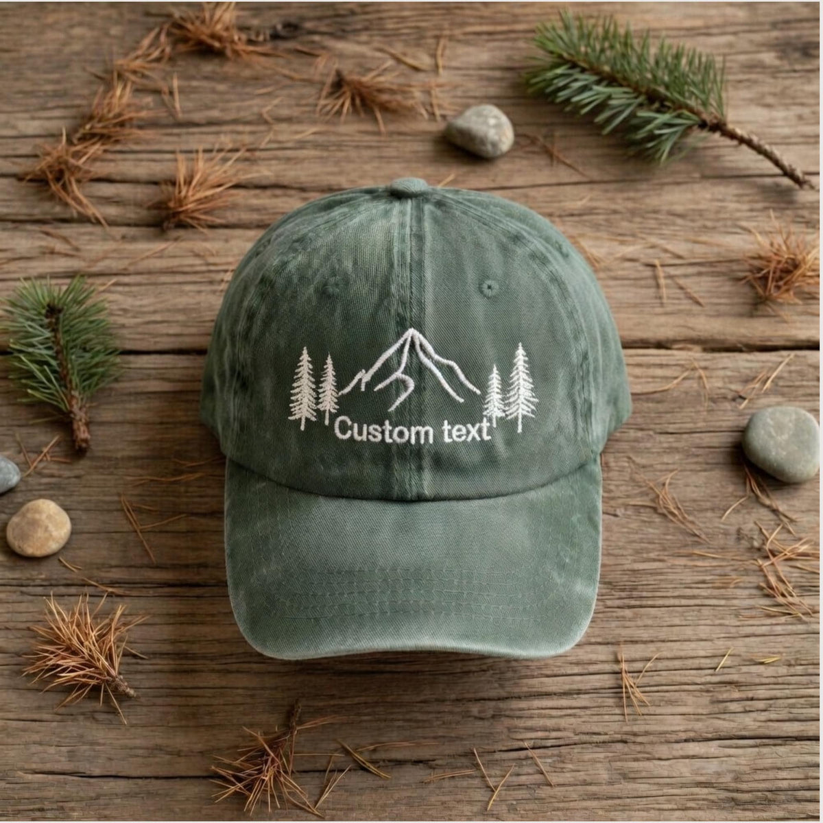 Custom Mountain Hill Embroidered Washed Cap – 100% Cotton Vintage Unisex Nature Hat, Camping Cap
