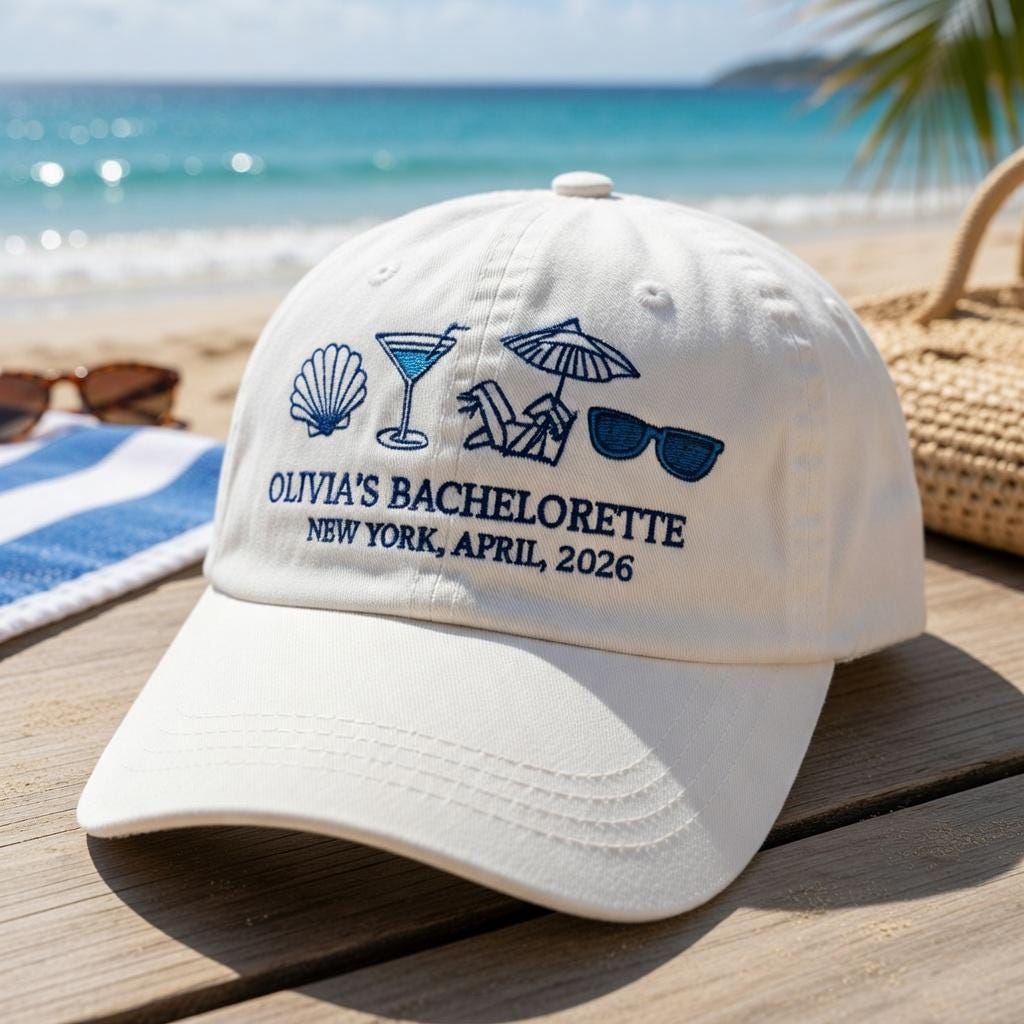 Custom Bachelorette Beach Party Hat, Embroidered Bridal Squad Cap, Coastal Vacation Headwear, Wedding Girls Trip Gift,, Summer Weekend Gift