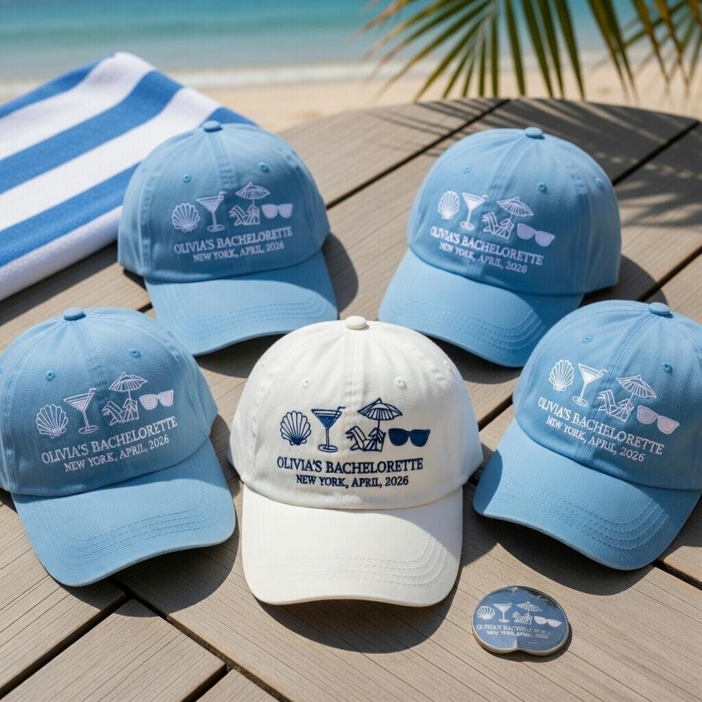 Custom Bachelorette Beach Party Hat, Embroidered Bridal Squad Cap, Coastal Vacation Headwear, Wedding Girls Trip Gift,, Summer Weekend Gift