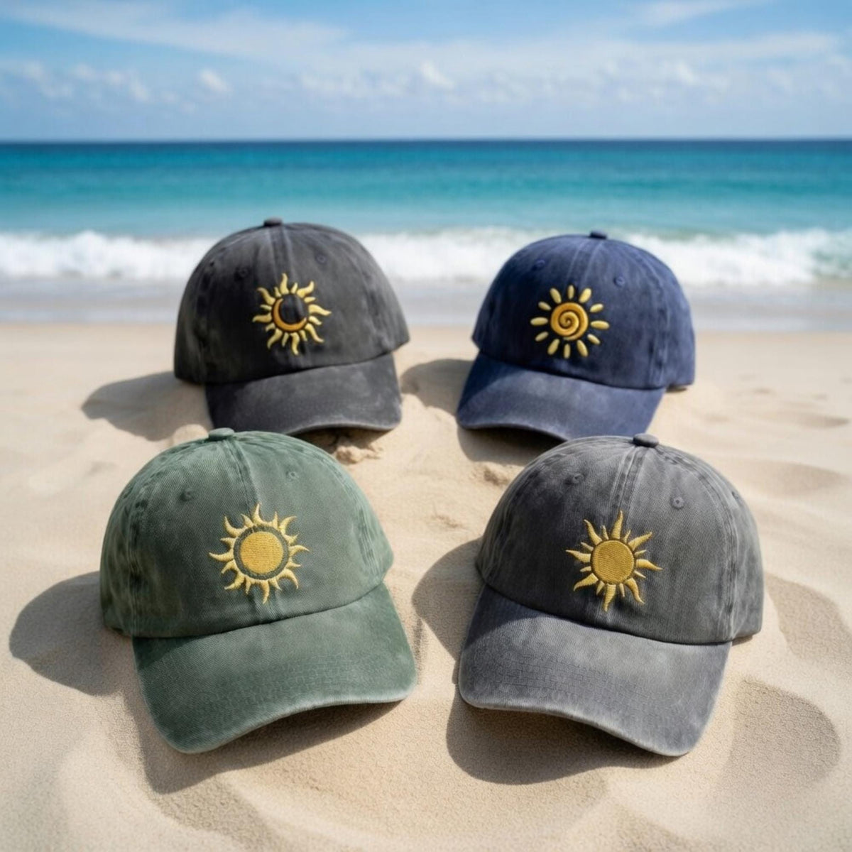 Pastel Sun Embroidered Hat, Minimalist Boho Cotton Baseball Cap, Summer Beach Gift