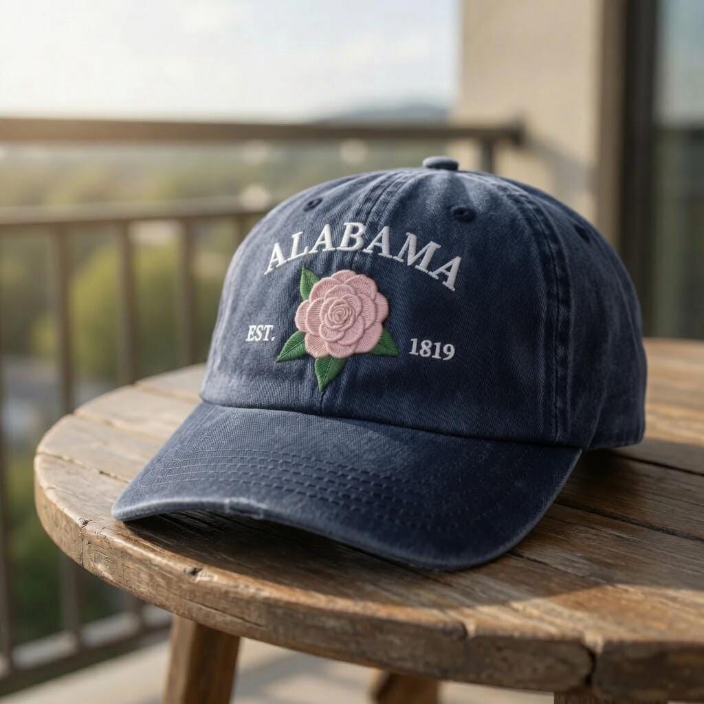 Alabama Camellia Flower Embroidered Hat, Vintage Floral Baseball Cap, Southern Travel Gift
