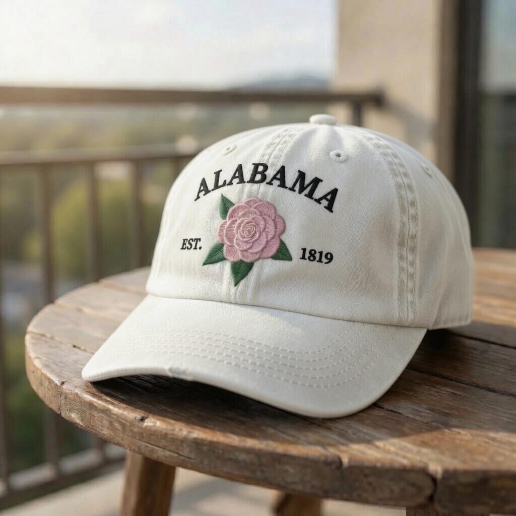 Alabama Camellia Flower Embroidered Hat, Vintage Floral Baseball Cap, Southern Travel Gift