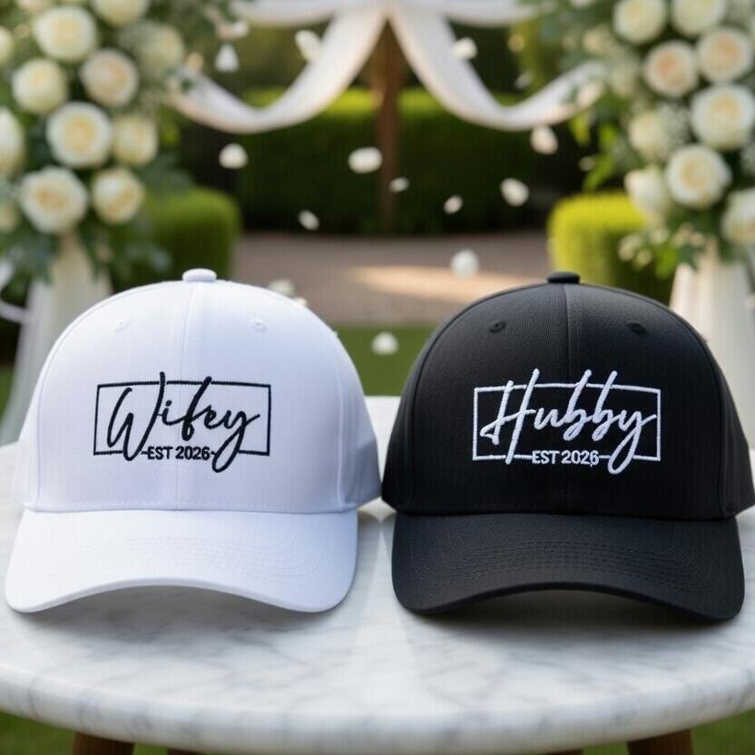 Custom Wifey Hubby Est Embroidered Baseball Cap - Personalized Wedding Honeymoon Couple Cotton Dad Hat