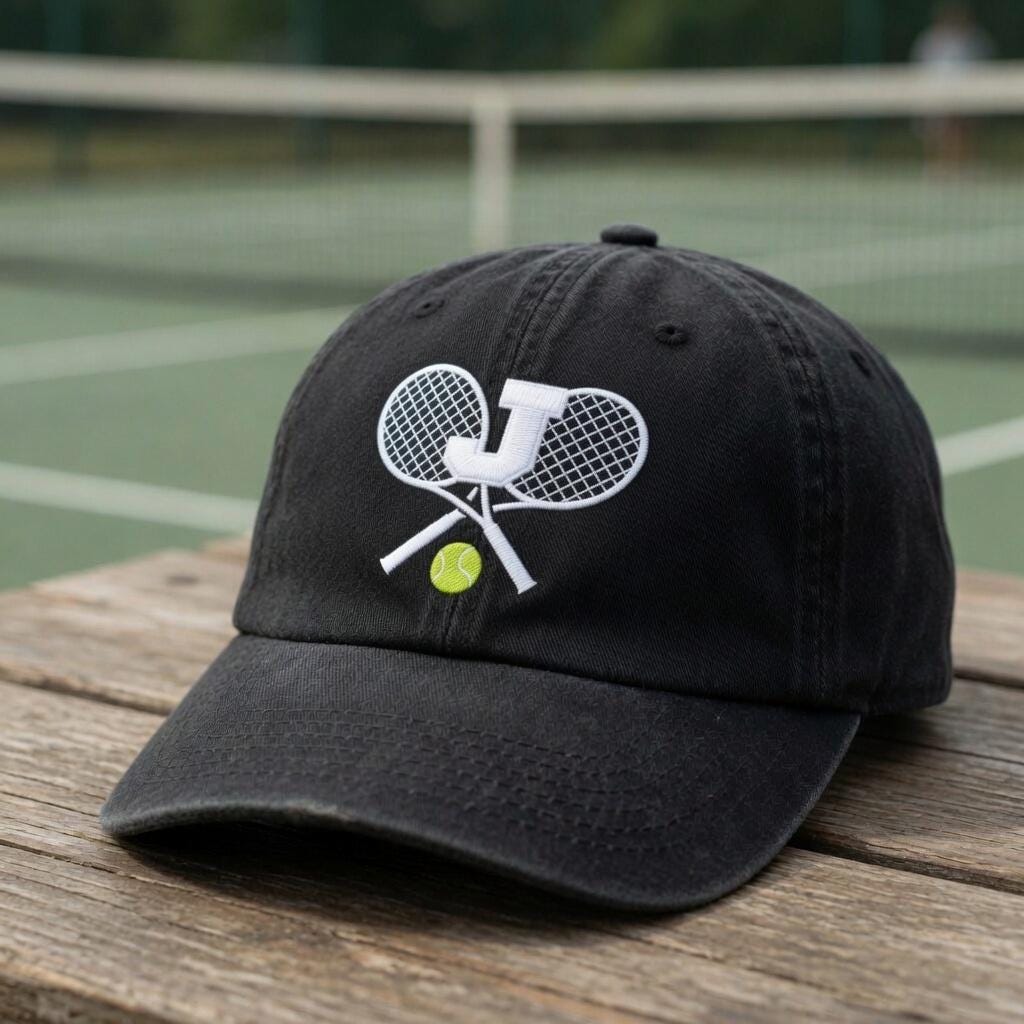 Custom Initial Tennis Hat, Personalized Letter Baseball Cap, Embroidered Tennis Racket Gift, Vintage Washed Dad Hat, Tennis Team Group Gift