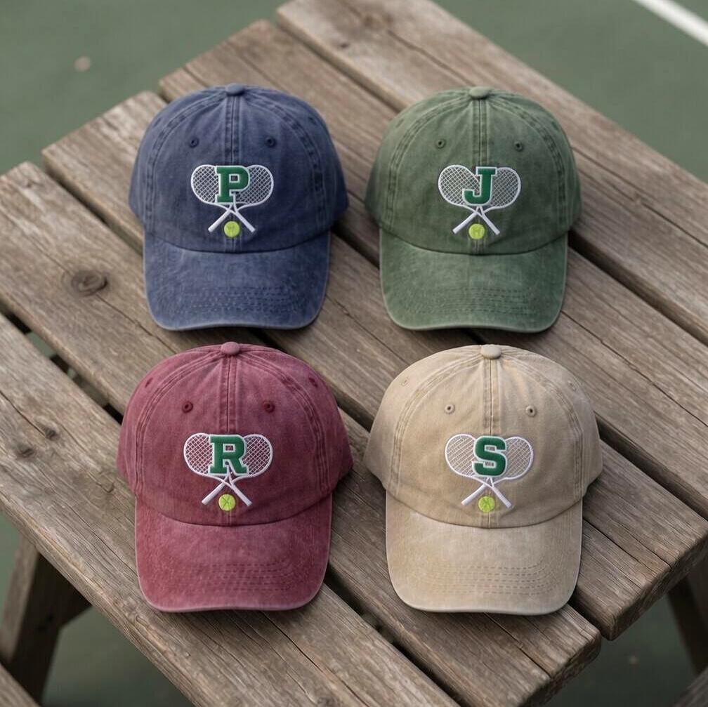 Custom Initial Tennis Hat, Personalized Letter Baseball Cap, Embroidered Tennis Racket Gift, Vintage Washed Dad Hat, Tennis Team Group Gift